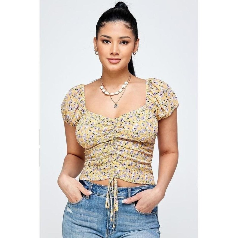 Blush BJ Yellow Floral Off Shoulder‎ Ruched Top Medium NWT Cottagecore Y2K